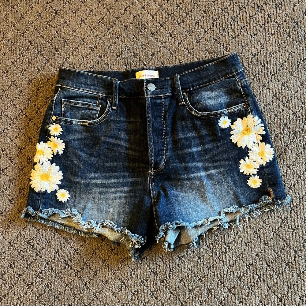Driftwood Women's Blue Denim Shorts with Floral Embroidery 28